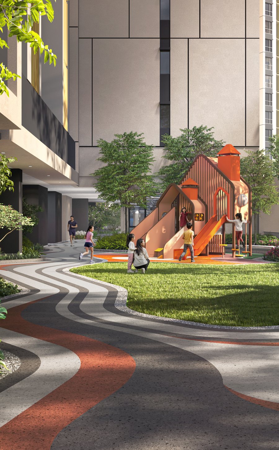 The play lawn and seating on Level 7. Artist's impression.
