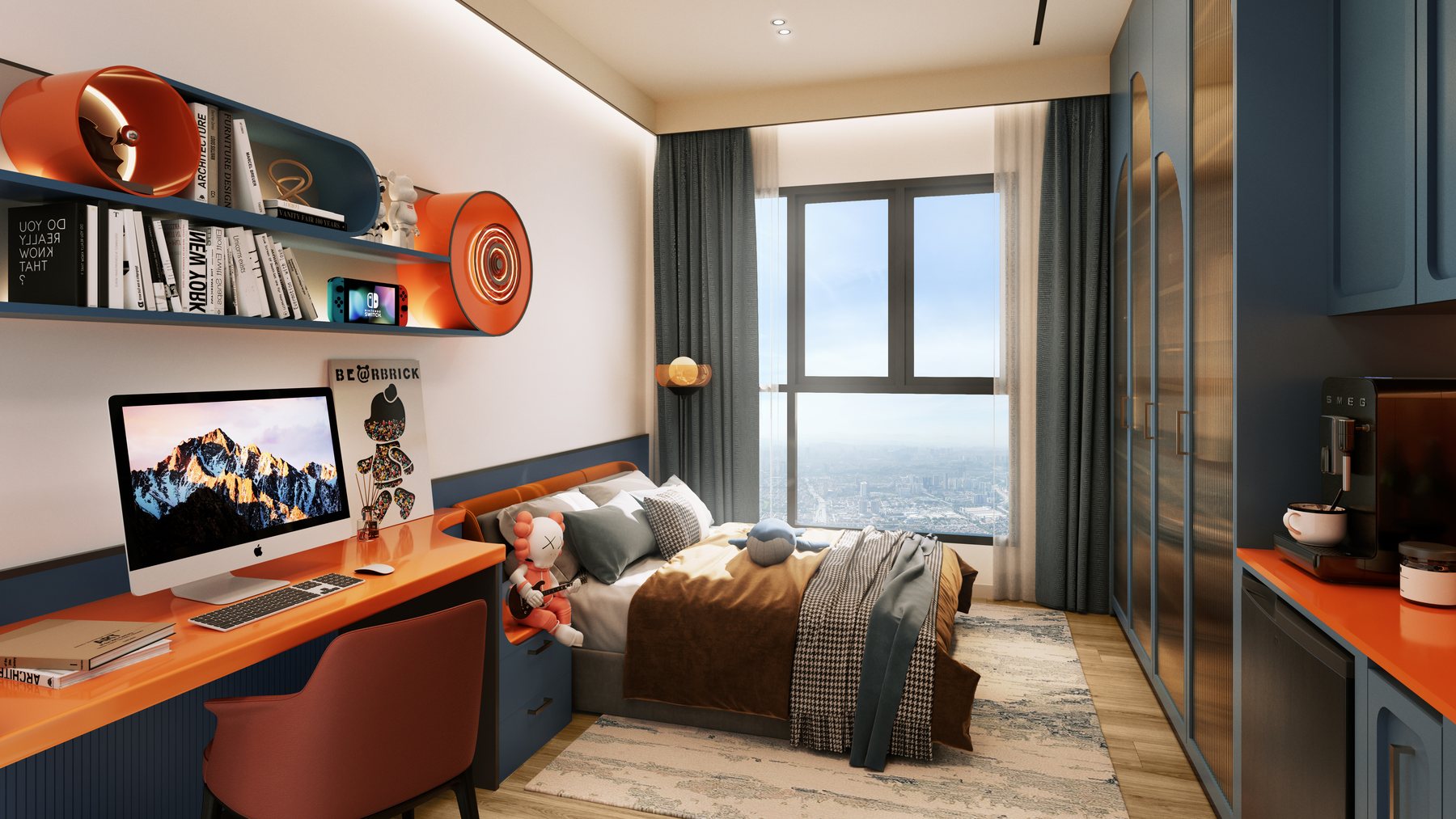 A bedroom in a Type D dual-key suite, with a desk, shelves and a pantry counter. Artist's impression.